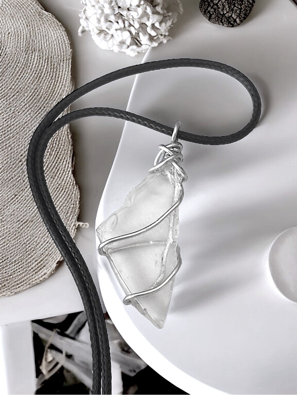 5 For $25💫Handcrafted Wire Wrapped Clear Sea Glass Pendant Necklace